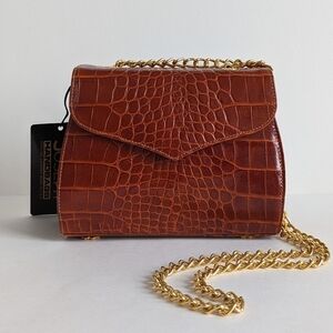 Paul Joseph Genuine Leather Structured Bag Embossed Crocodile Gold Chain Strap